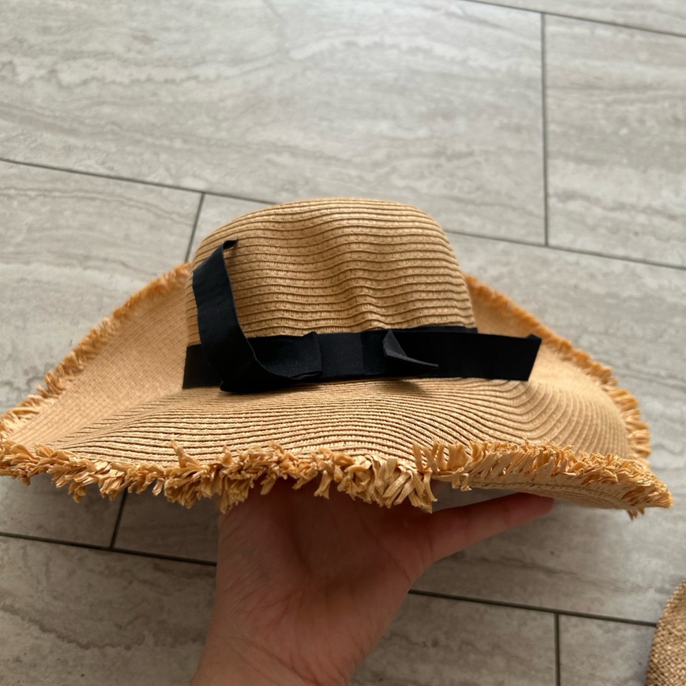 Lauren Conrad Wide Brim Straw Sun Hat Fringe Edge Black Ribbon Bow One Size - Picture 7 of 8